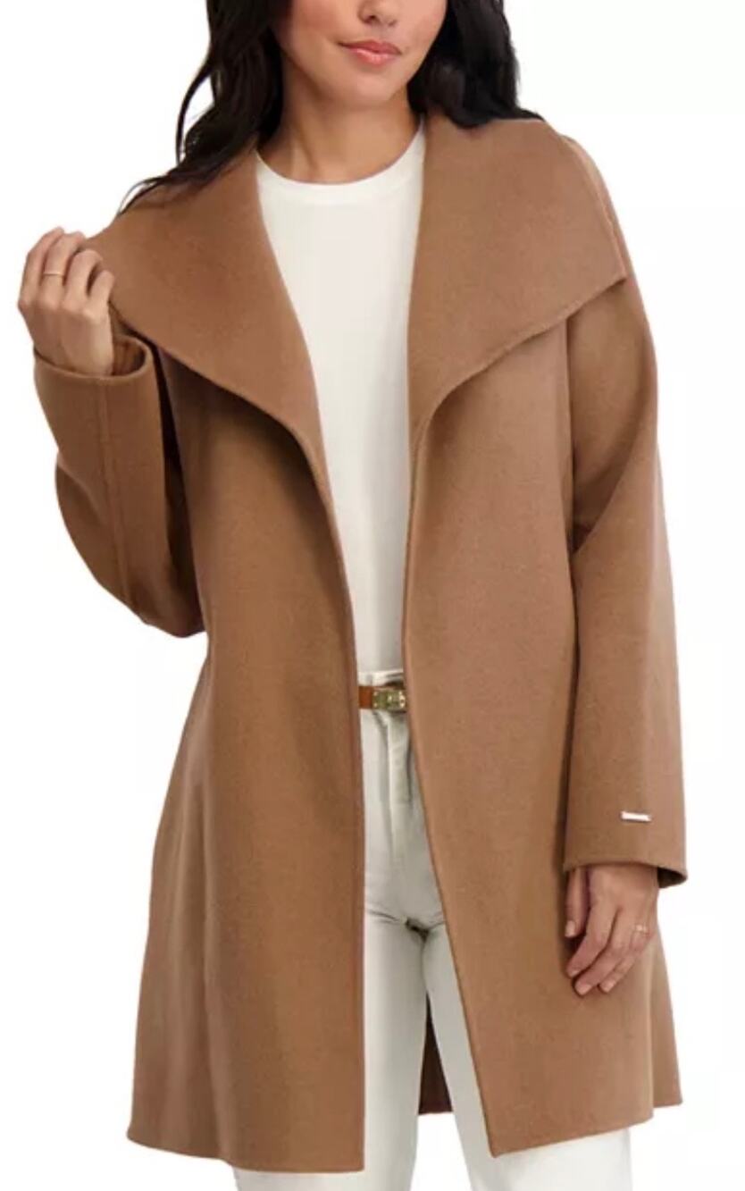Tahari Women's Brown Tan Ella Belted Wrap Coat Jacket Sz XL Classic